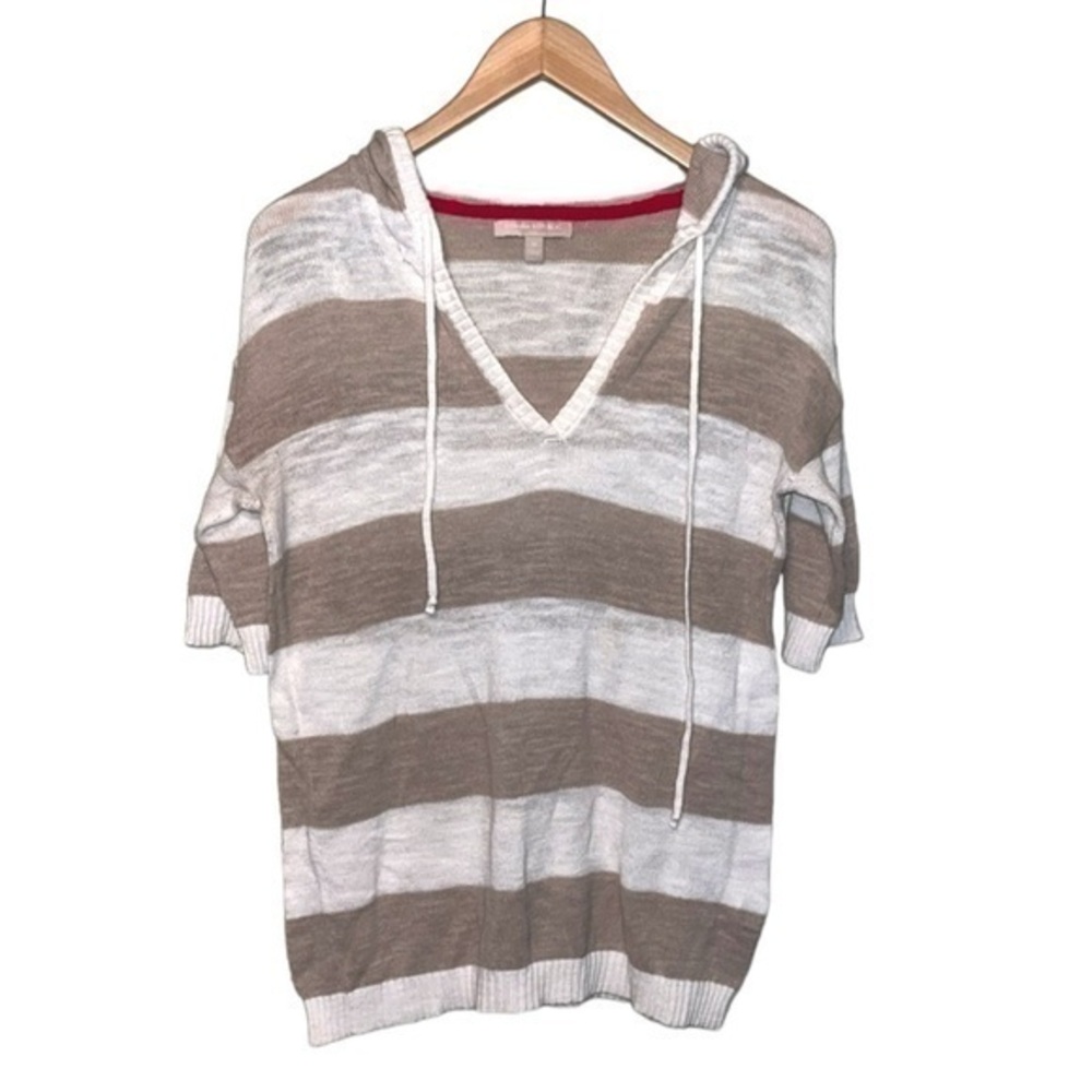Banana Republic short sleeve top with hood brown and white stripe V neck